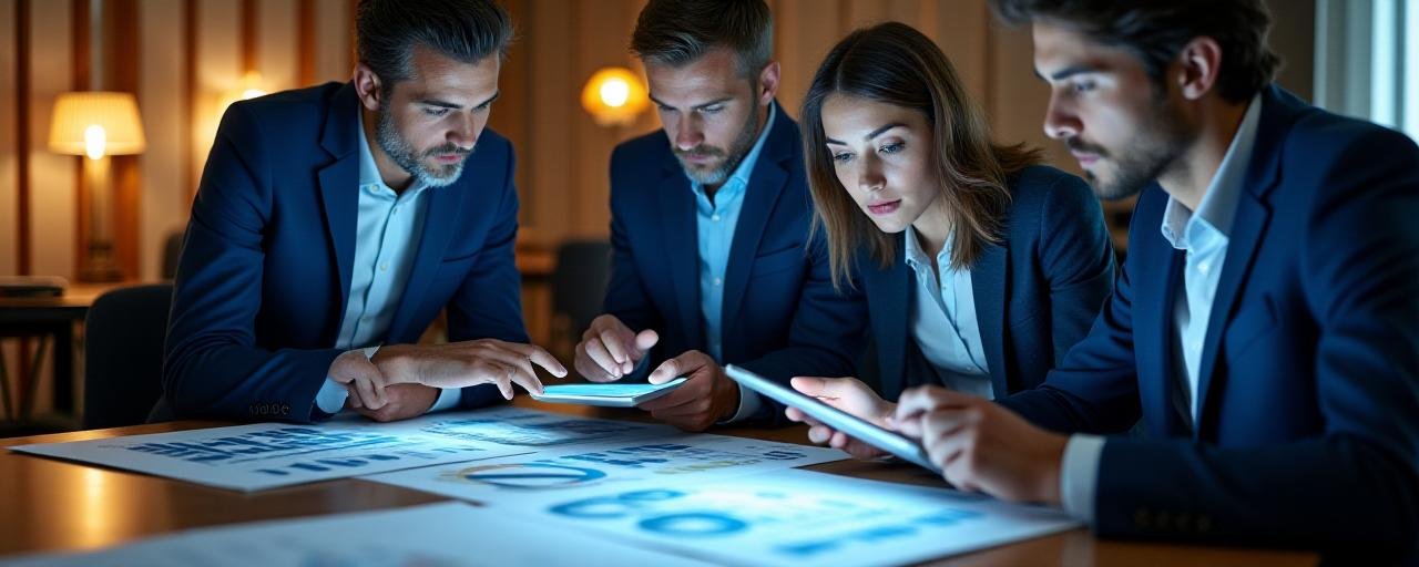 Professional team analyzing charts and financial data for a risk assessment audit